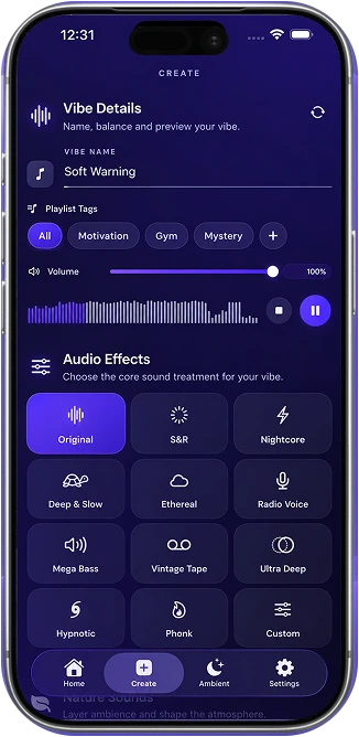 SlowVibeMaker on iPhone showing real audio effect presets and vibe creation controls