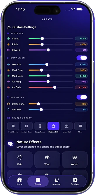 Custom speed, pitch, reverb, equalizer, and delay controls in SlowVibeMaker
