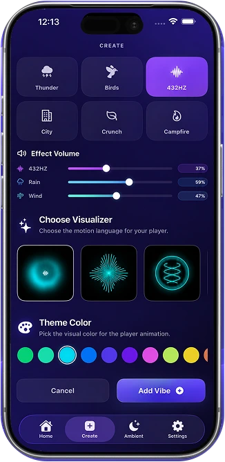 Nature sounds, individual ambience volumes, visualizer selection, and theme colors in the app