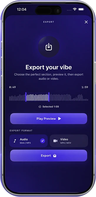 SlowVibeMaker export screen with audio selection, preview, and audio or video format options